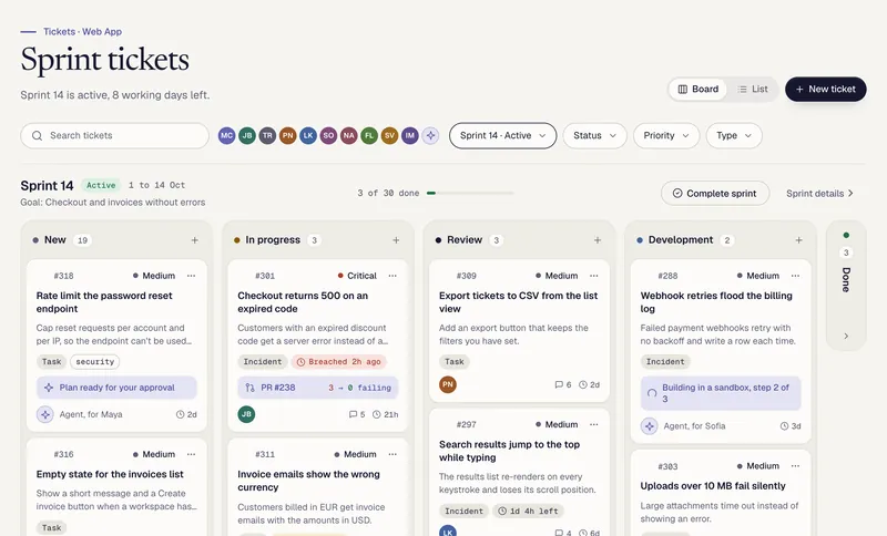 The ticket board: a sprint of tickets in New, In Progress and Review, with priorities, tags and an AI plan waiting for approval