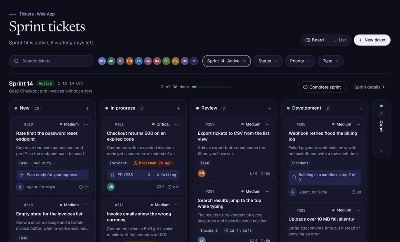 The ticket board: a sprint of tickets in New, In Progress and Review, with priorities, tags and an AI plan waiting for approval