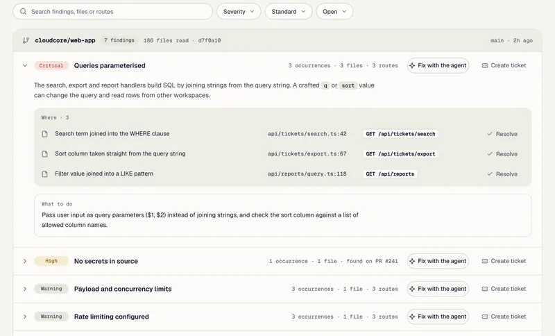 Code review: the review health of a repository and its findings, with the files, lines and routes behind each