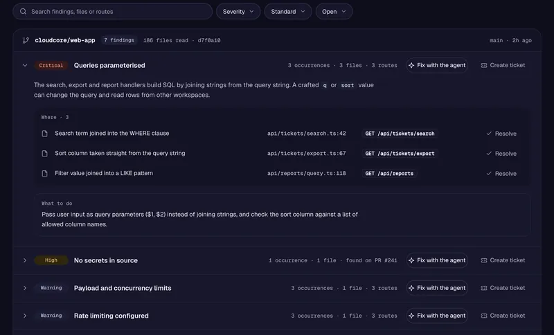 Code review: the review health of a repository and its findings, with the files, lines and routes behind each