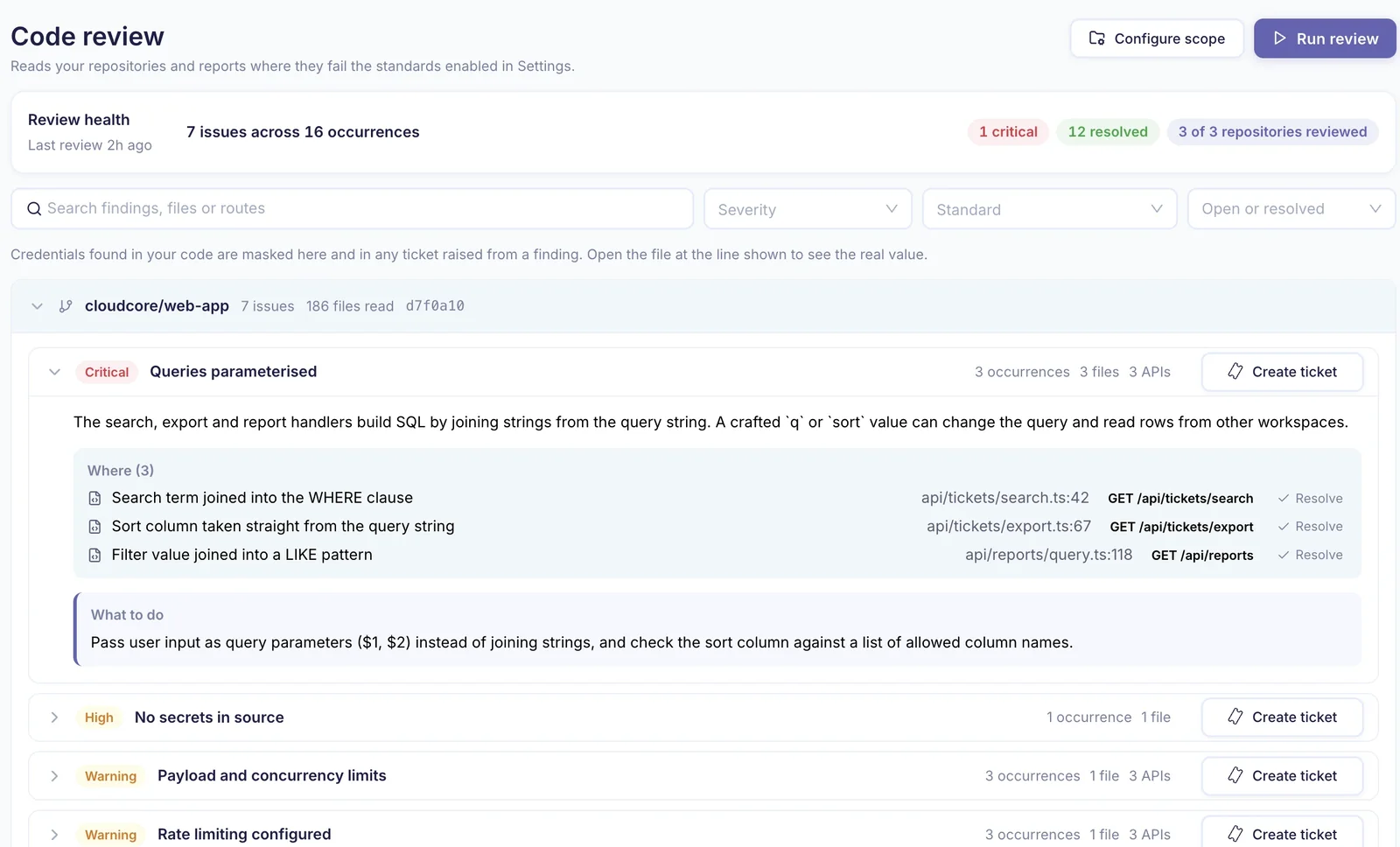 Code review: the review health of a repository and its findings, with the files, lines and routes behind each
