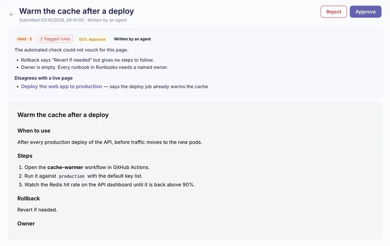 A runbook page written by the agent, held in the review queue with the rules it tripped, waiting for approval