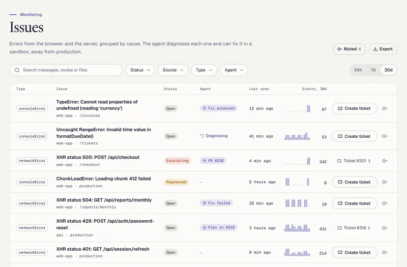 Monitoring issues from production, with the AI diagnosis of a TypeError and a proposed fix