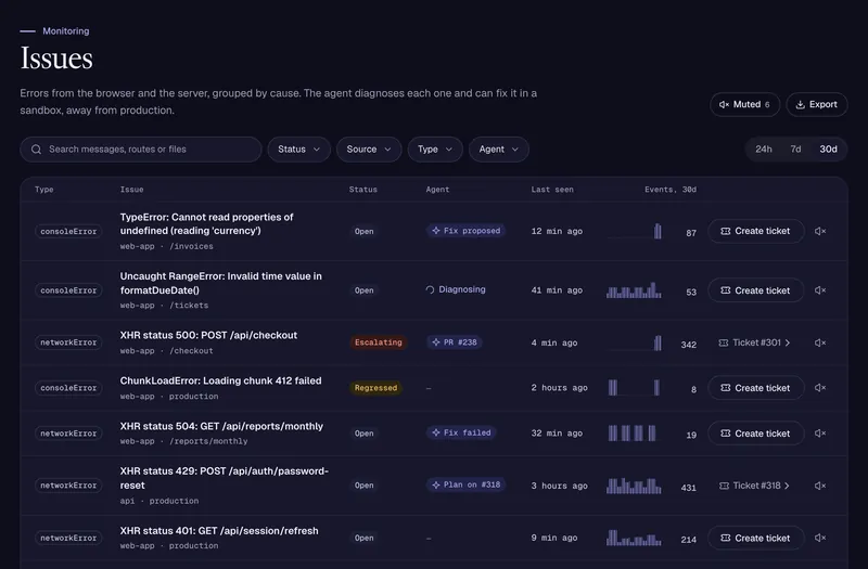 Monitoring issues from production, with the AI diagnosis of a TypeError and a proposed fix