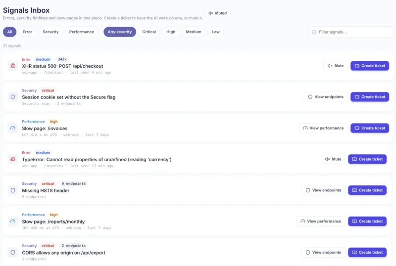 The Signals Inbox with errors, security findings and slow pages, and a ticket created from one