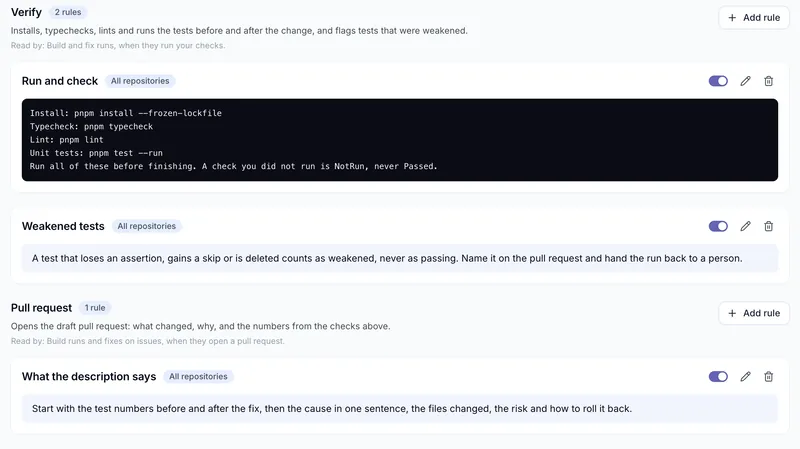 The Verify stage of the project playbook: install, typecheck, lint and the tests run before and after every fix, and weakened tests handed back to a person