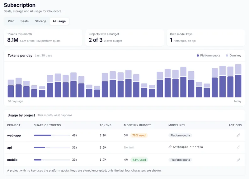 AI usage for the month: tokens per day, each project's share, its monthly budget and whether it runs on its own model key