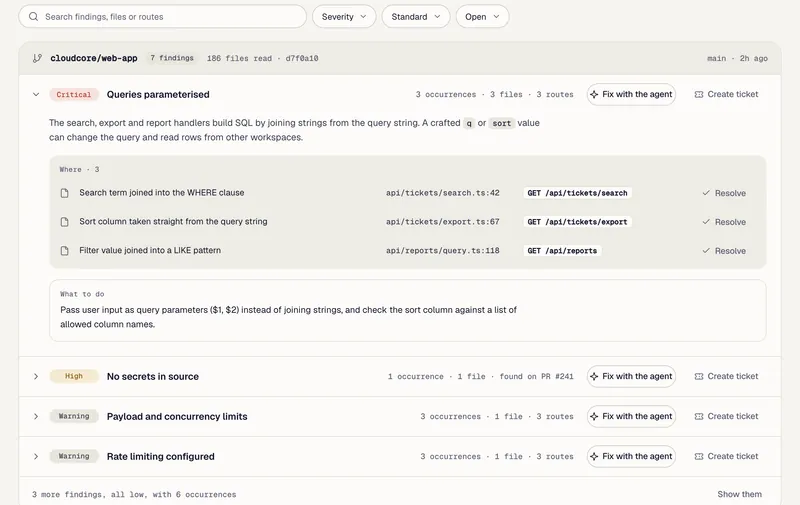 A code review of the web app with a critical finding, where it occurs and what to do