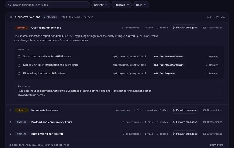 A code review of the web app with a critical finding, where it occurs and what to do
