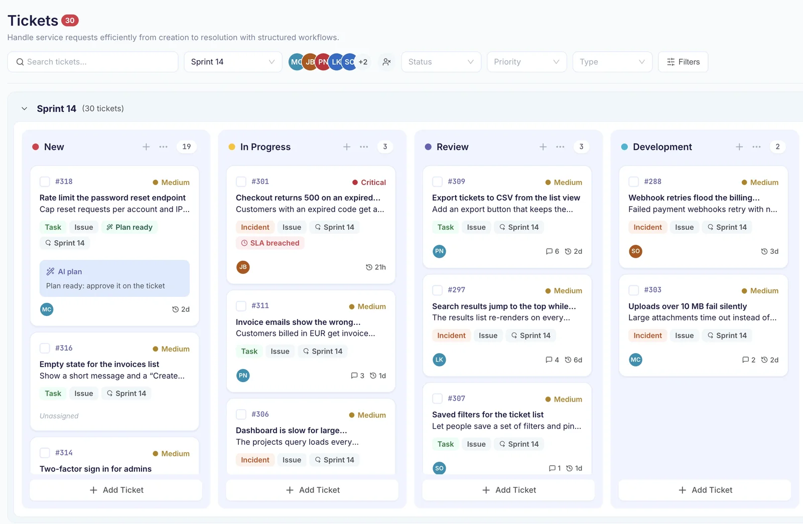 The ticket board for Sprint 14, with an AI plan waiting for approval and an SLA timer counting down