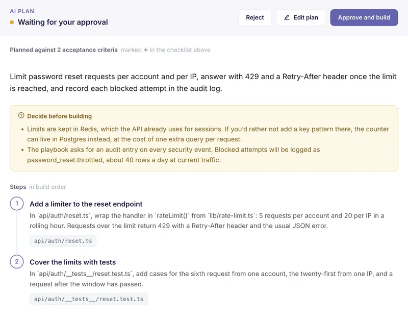 An AI plan on a ticket, waiting for approval, with the test results before and after the fix