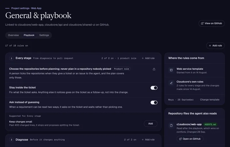 The project playbook: the rules the agent follows at every stage, from choosing repositories to diagnosing a bug, loaded into a Claude Code session