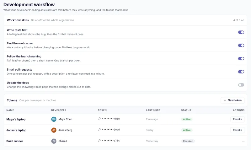 Workflow skills switched on for the whole organisation, and a token for each developer or machine, one of them revoked